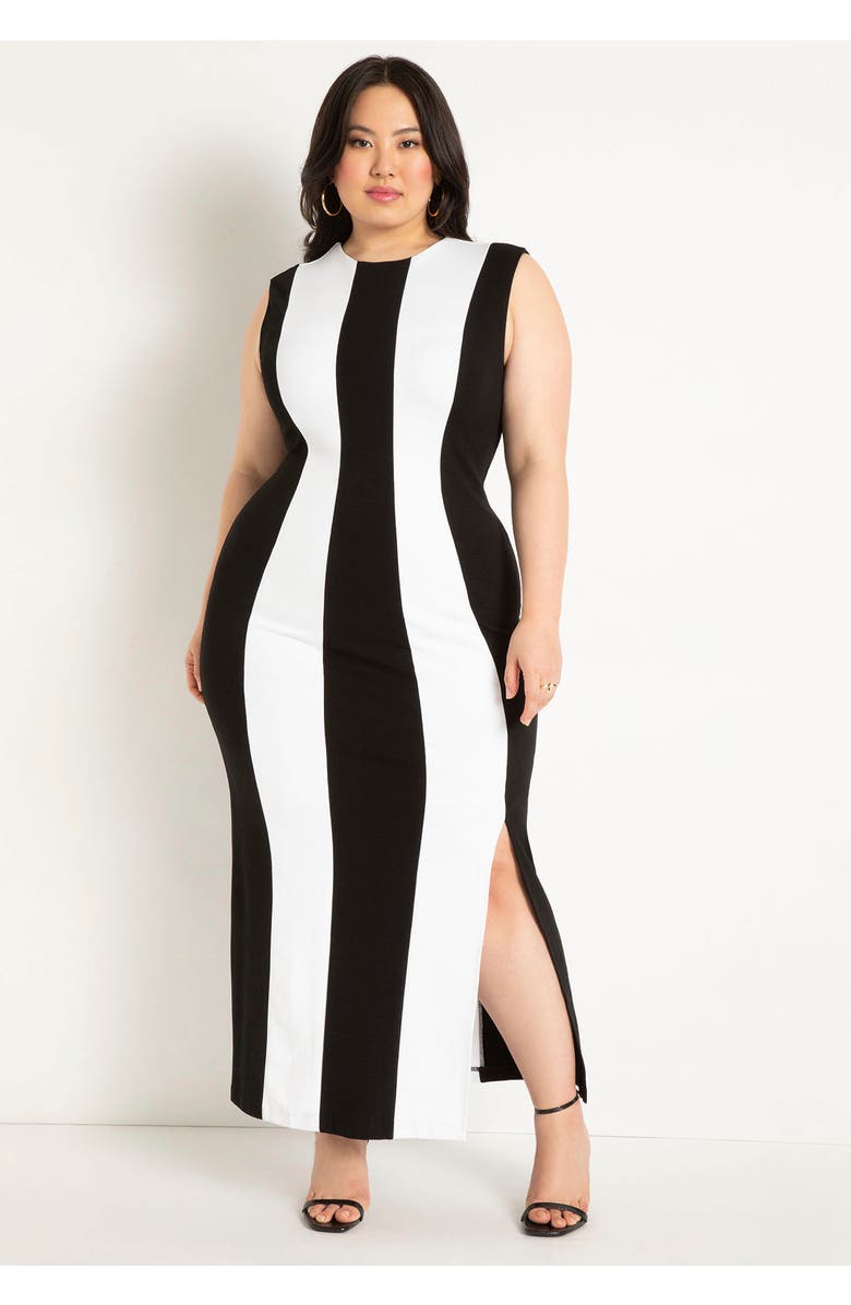 ELOQUII Striped Knit Maxi Dress, Alternate, color, Black Onyx Bright White