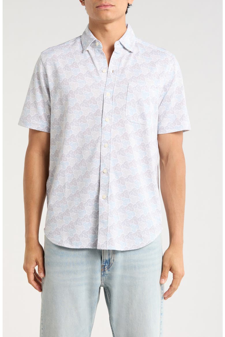 Honeycomb Geo Print Short Sleeve Button-Up Shirt, Main, color, AVALANCHE