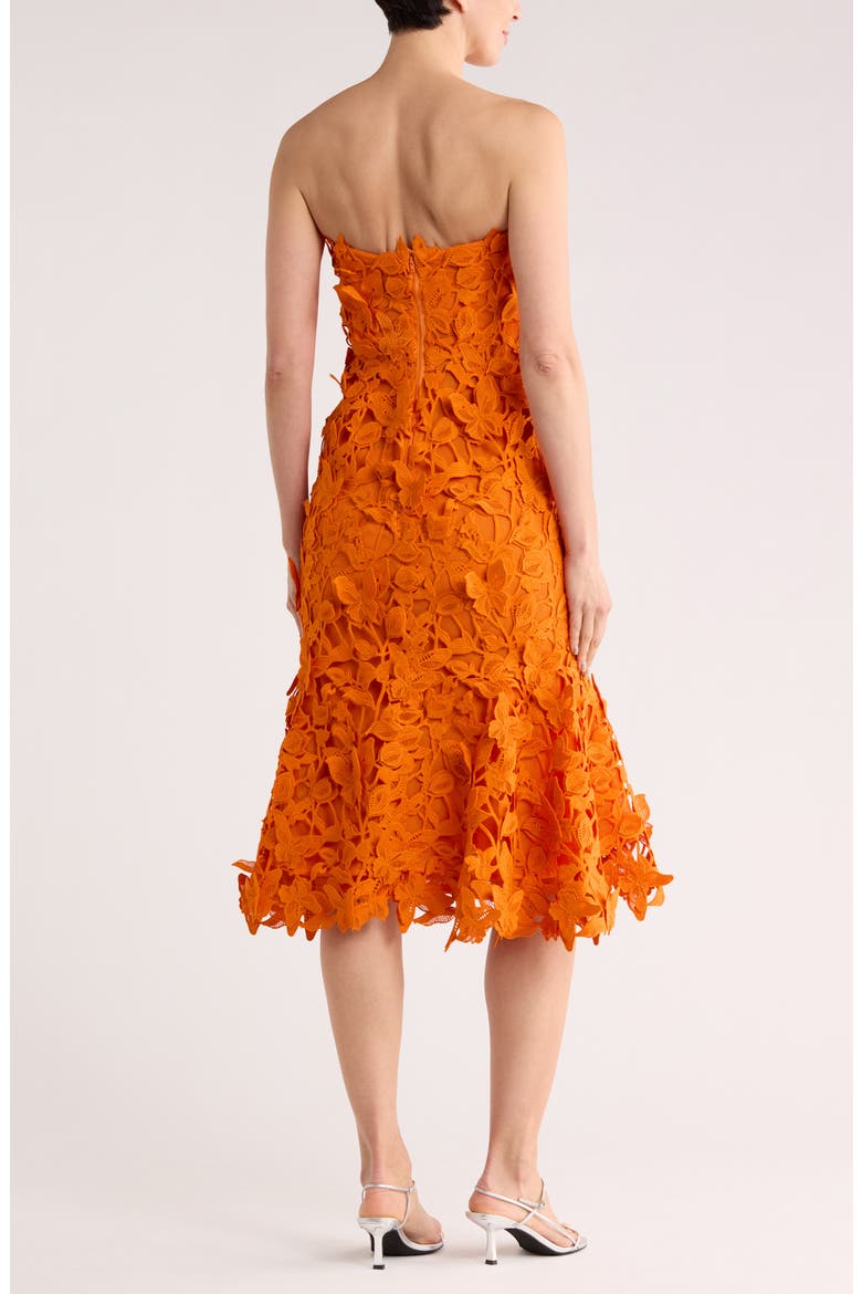 Fleurella Strapless Butterfly Lace Midi Dress, Alternate, color, TANGERINE