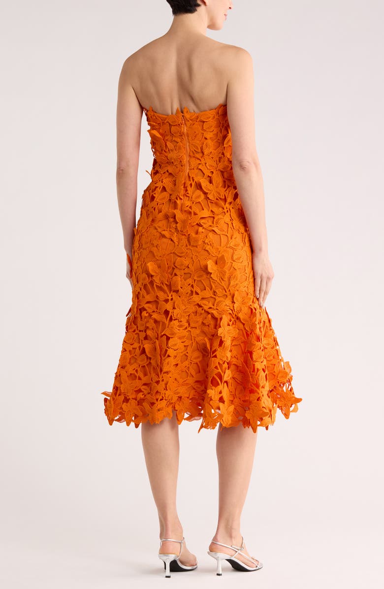 Simkhai Fleurella Strapless Butterfly Lace Midi Dress, Alternate, color, Tangerine