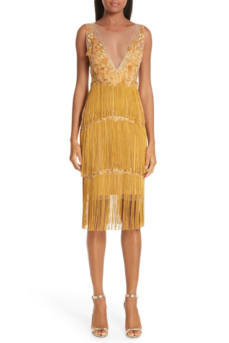 Embellished Tiered Fringe Dress, Main, color, GOLD
