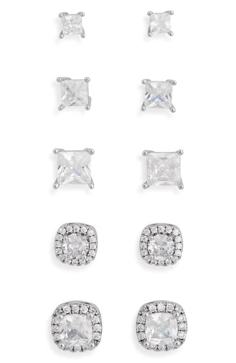 Set of 5 Cubic Zirconia Square & Halo Stud Earrings