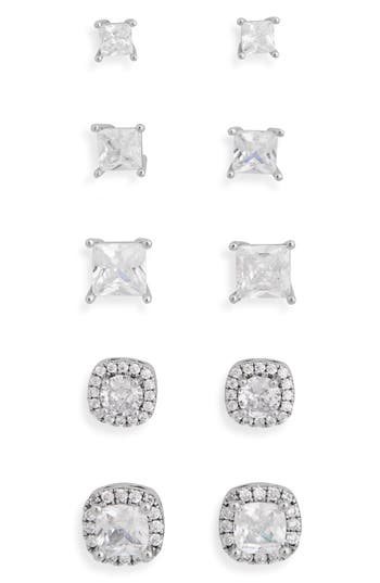 Nordstrom Rack Set Of 5 Cubic Zirconia Square & Halo Stud Earrings In Clear- Silver