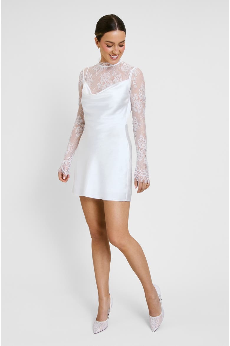 Lace Sleeve Cowl Satin Mini Dress, Alternate, color, White
