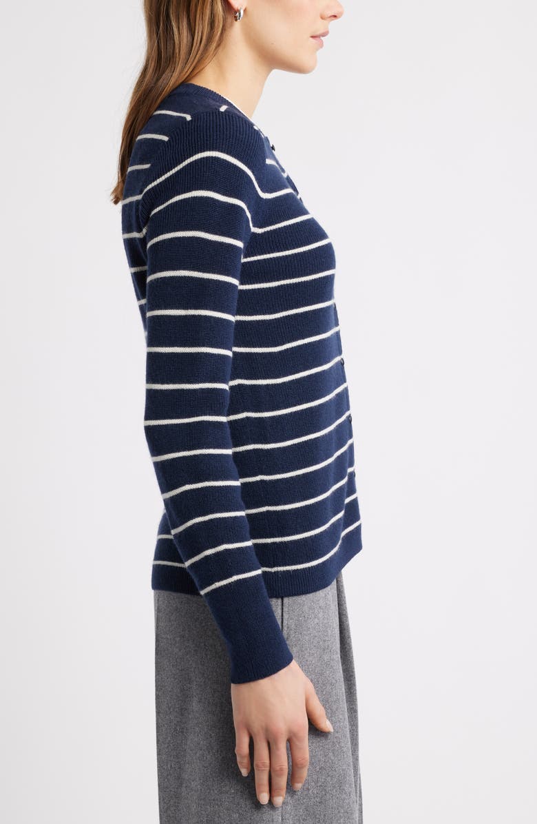 Caslon<sup>®</sup> Crewneck Merino Wool Blend Cardigan, Alternate, color, Navy- Ivory Lucille Stripe
