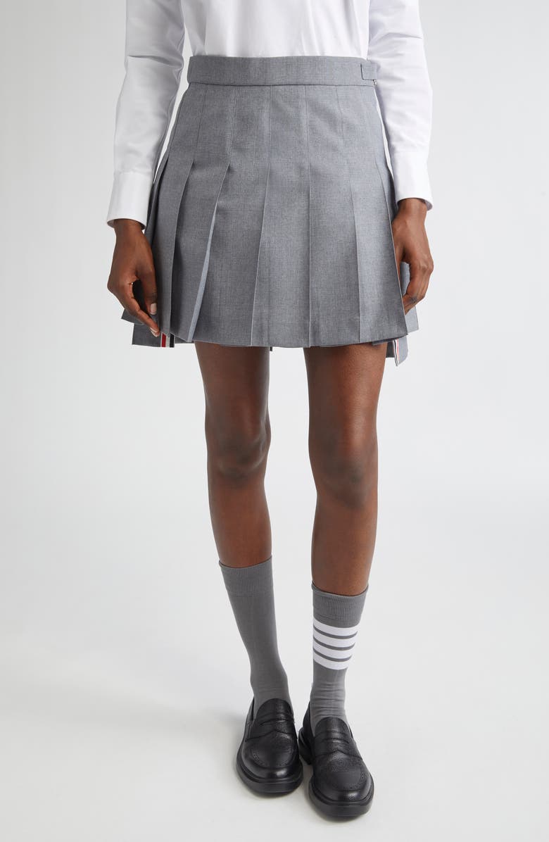 Thom Browne Step Hem Pleated Wool Blend Miniskirt, Main, color, 