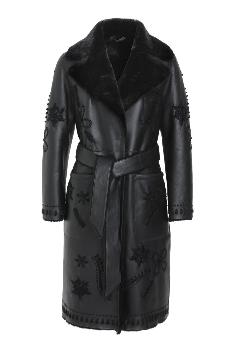Genuine Shearling Short Coat with Embroidery, Belt, Alternate, color, BLACK/BLACK