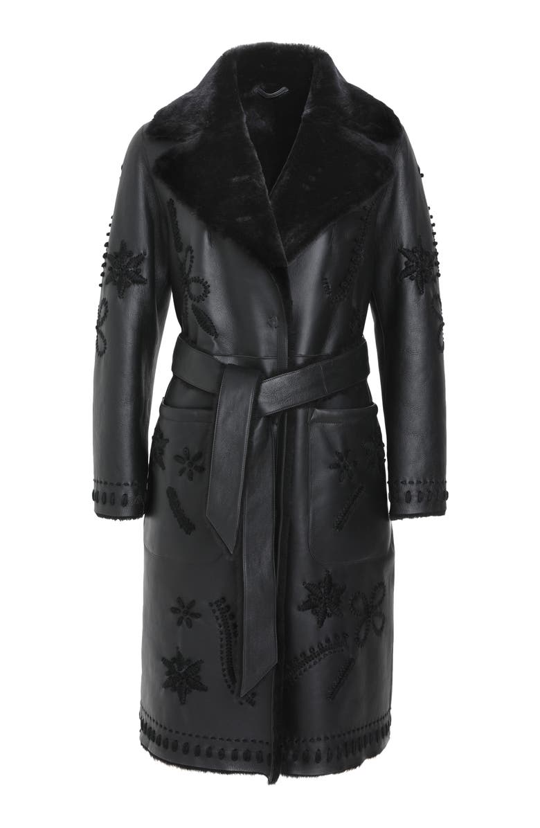 GORSKI Genuine Shearling Short Coat with Embroidery, Belt, Alternate, color, Black/Black