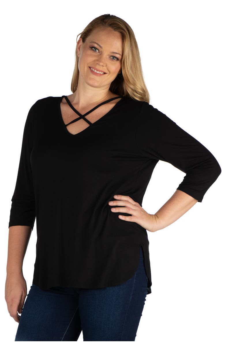24seven Comfort Apparel Plus Size Criss Cross Round Hemline  Tunic Top, Alternate, color, Black
