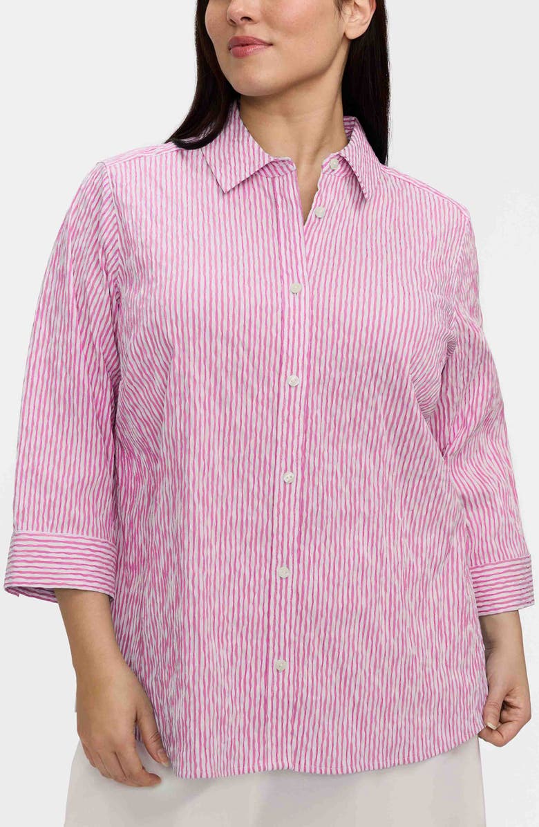 Foxcroft Hampton Stripe Three-Quarter Sleeve Button-Up Shirt, Main, color, White/ Pink