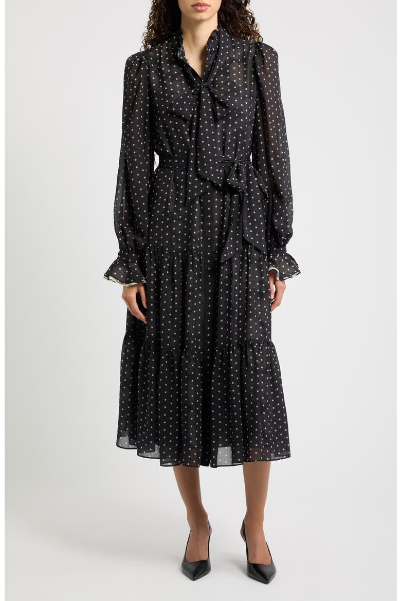 Erin Tie Waist Long Sleeve Midi Dress, Main, color, BLACK MULTI