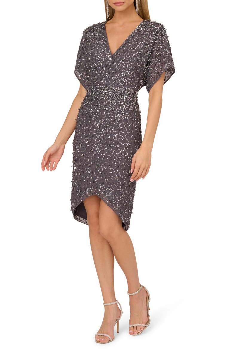 Embellished Dolman Sleeve Cocktail Dress, Main, color, GUNMETAL