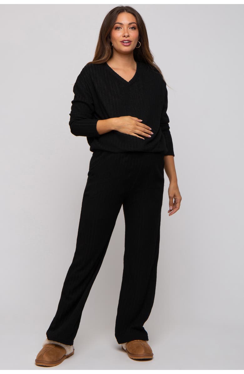 PinkBlush Ribbed Soft Knit Long Sleeve Pajama Set, Main, color, Black