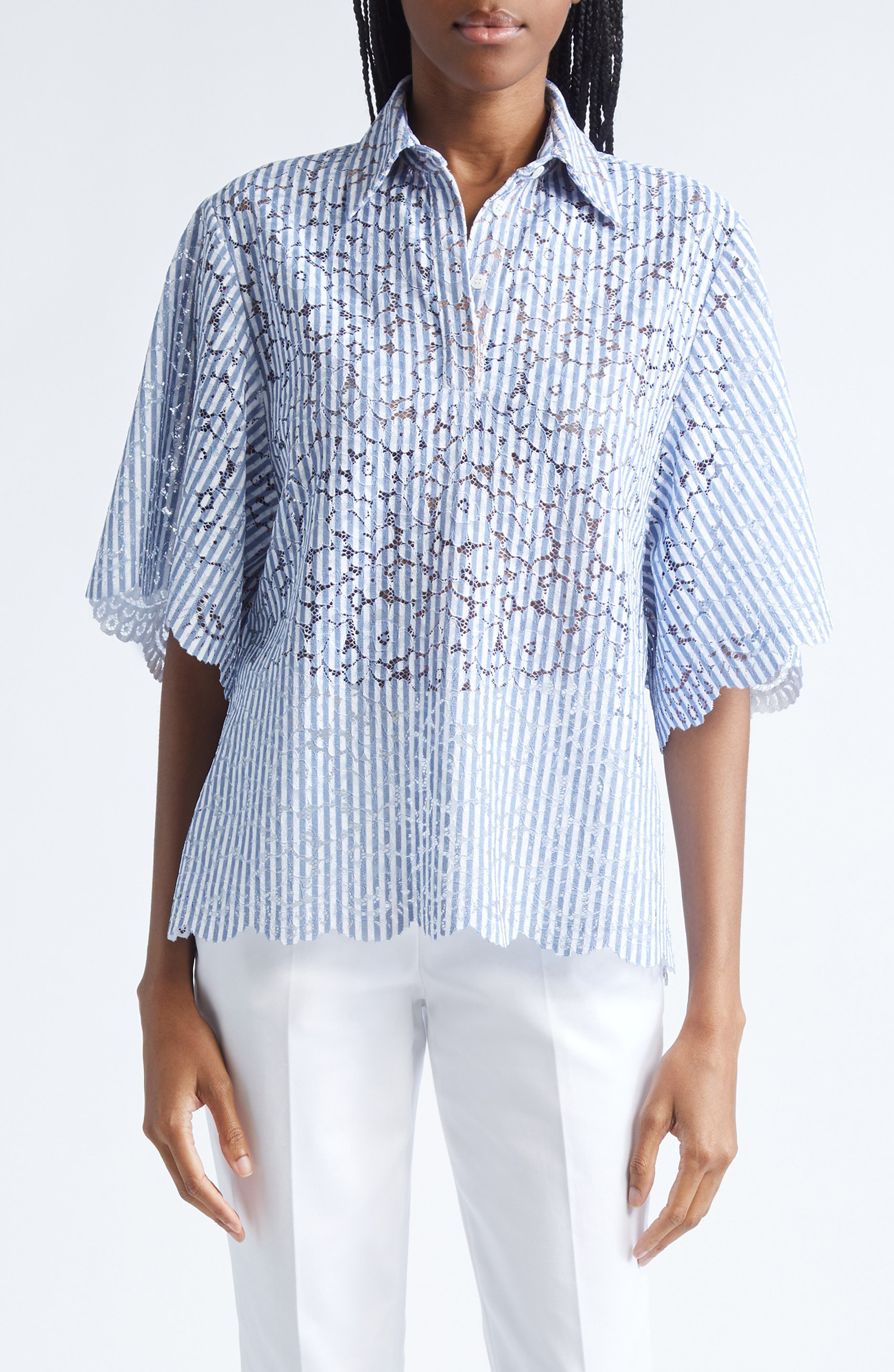 Michael Kors Collection Stripe Floral Lace Shirt In Blue