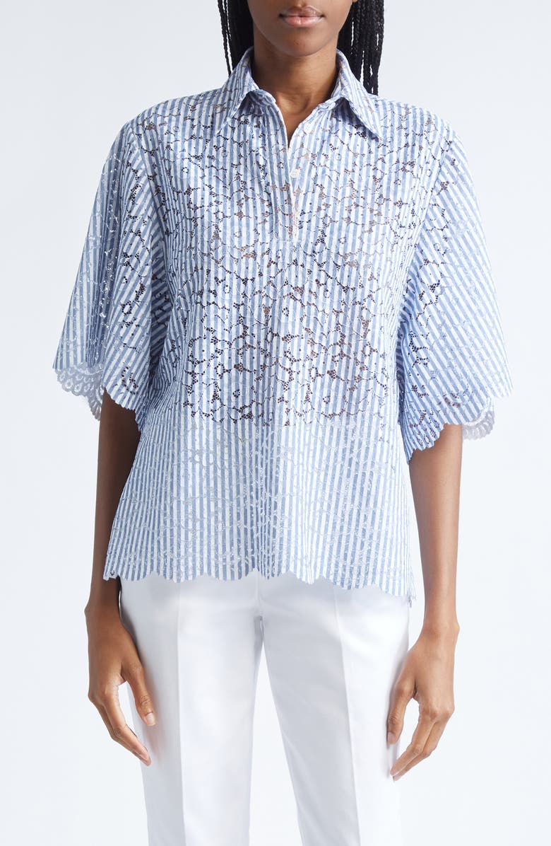 Michael Kors Collection Stripe Floral Lace Shirt, Main, color, Lake/Optic White