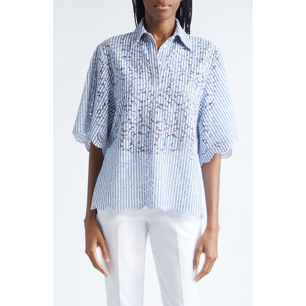 Michael Kors Collection Stripe Floral Lace Shirt In Blue