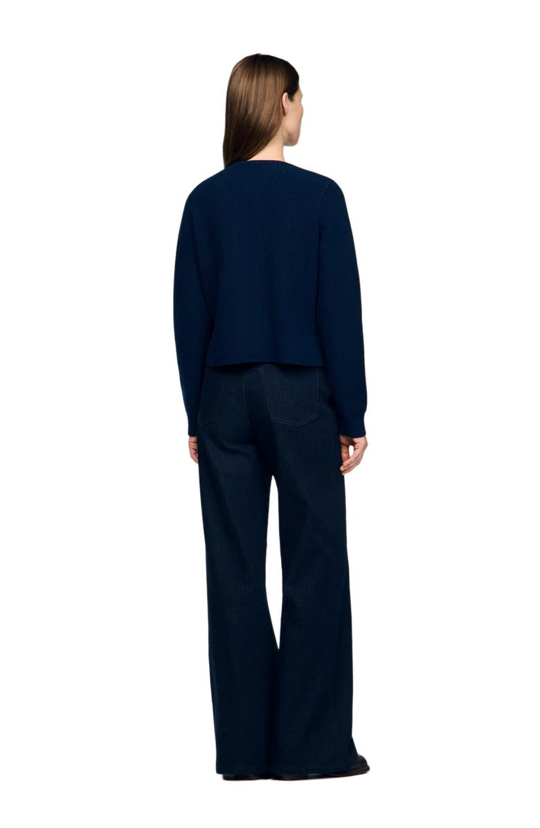 SANDRO Denim detail rib knit cardigan, Alternate, color, Navy Blue