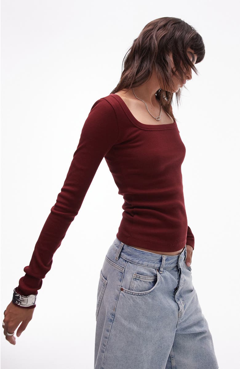 Topshop Square Neck Long Sleeve Cotton Rib T-Shirt, Alternate, color, Burgundy
