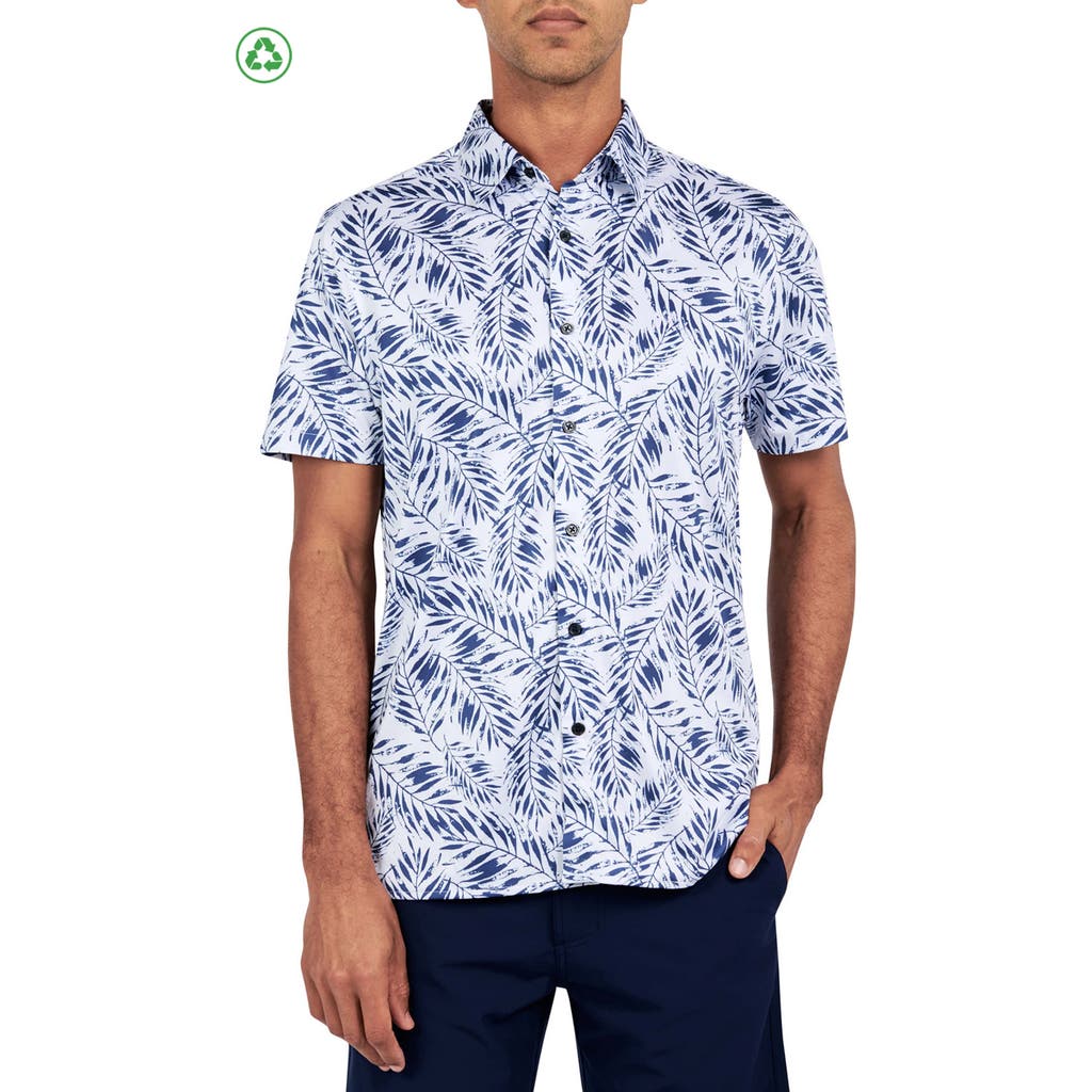 CONSTRUCT Leaf Print Performance Button-Down Shirt in White/blue  product