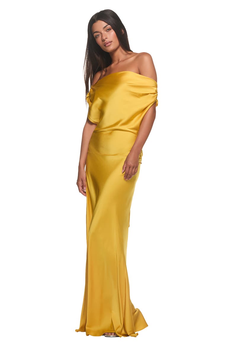Kahlo Off the Shoulder Satin Maxi Dress, Alternate, color, YELLOW