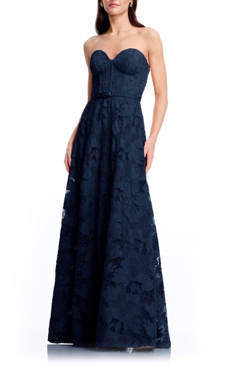 Pierson Floral Lace Belted Strapless Gown