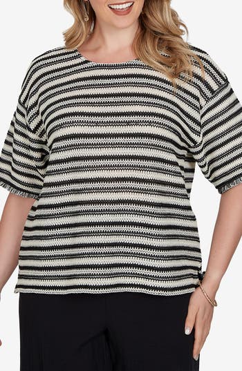 Ruby Rd. Ruby Rd Fringe Textured Striped Top In Black / Stone