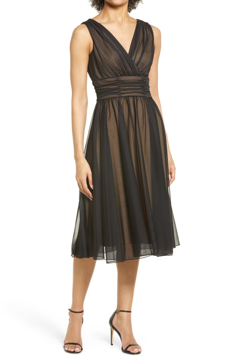 Chiffon Overlay Fit & Flare Dress, Main, color, BLACK/GOLD
