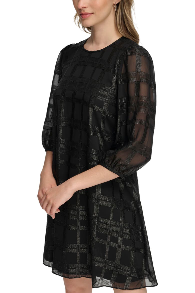 Metallic Plaid Chiffon Trapeze Dress, Alternate, color, BLACK