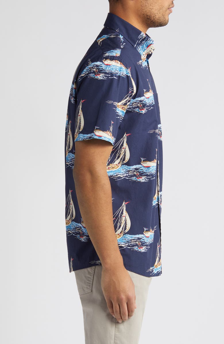 Brooks Brothers Regular Fit Sailboat Print Short Sleeve Button-Up Shirt, Alternate, color, 