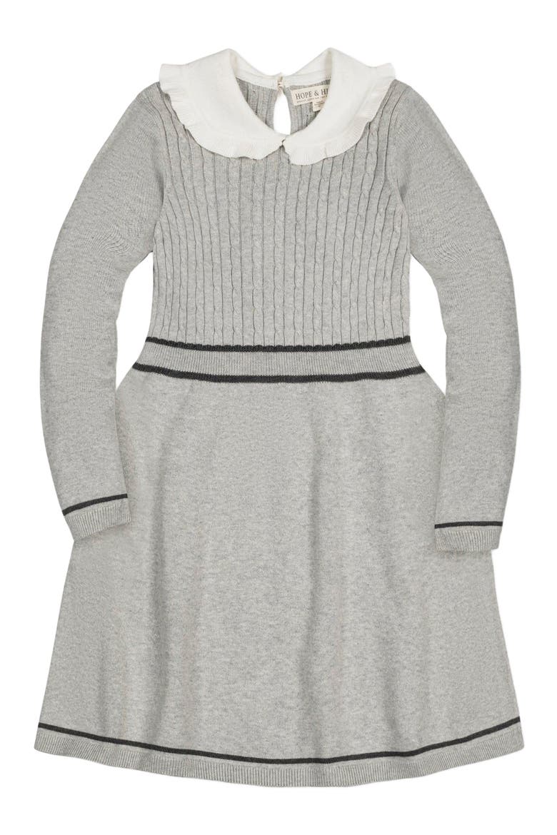 Kids' Organic Long Sleeve Cable Knit Peter Pan Collar Sweater Dress, Main, color, Gray Heather Cable