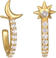 Satya Jewelry Scattered Stardust Celestial Moon and Star Pavé Hoop Earrings