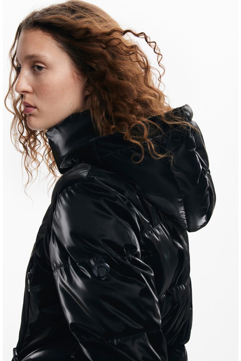 Faux Patent Leather Padded Jacket, Alternate, color, BLACK