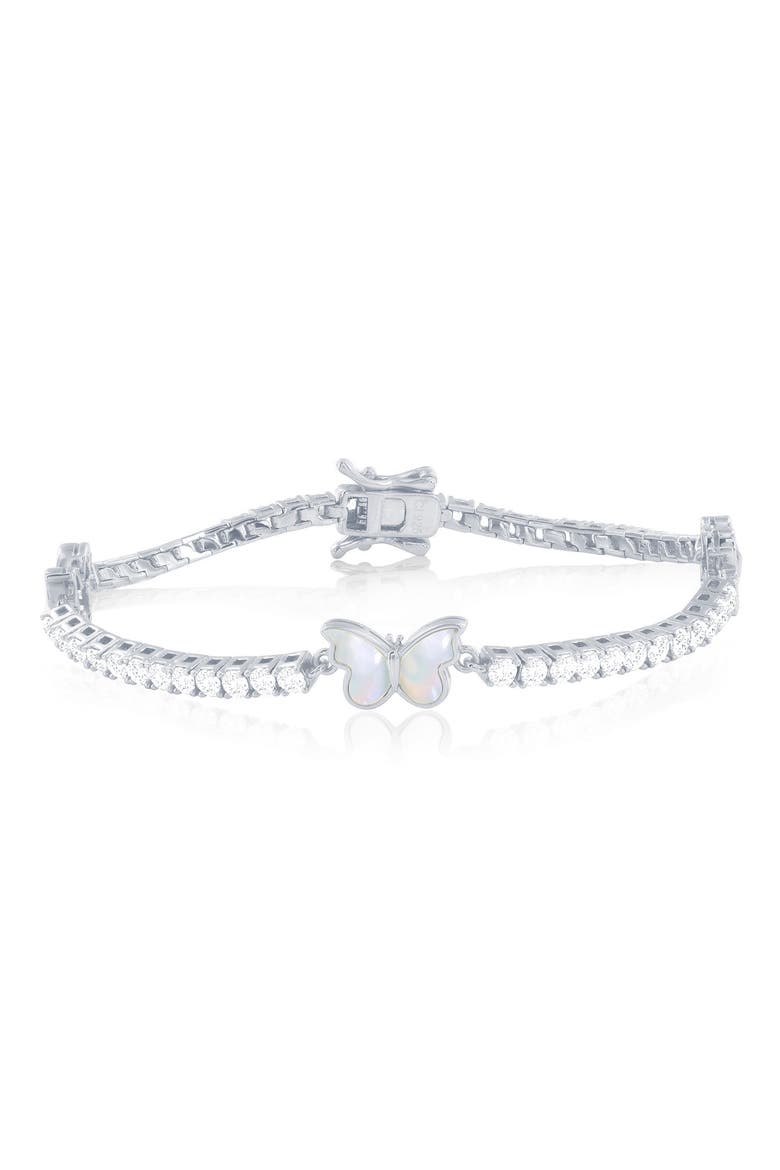 Mother of Pearl Butterfly Cubic Zirconia Tennis Bracelet, Main, color, SILVER