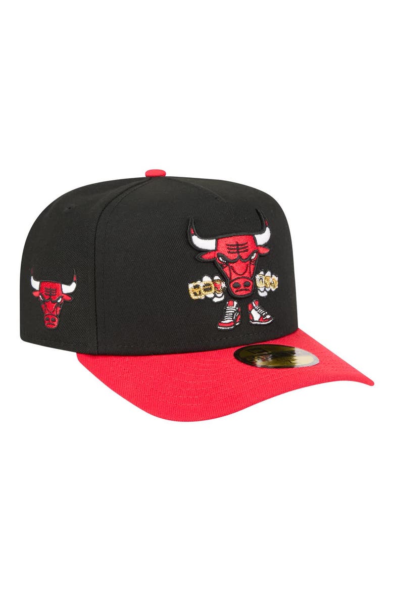 Men's New Era  Black Chicago Bulls Injection Cartoon Logo A-Frame 59FIFTY Fitted Hat, Alternate, color, Black