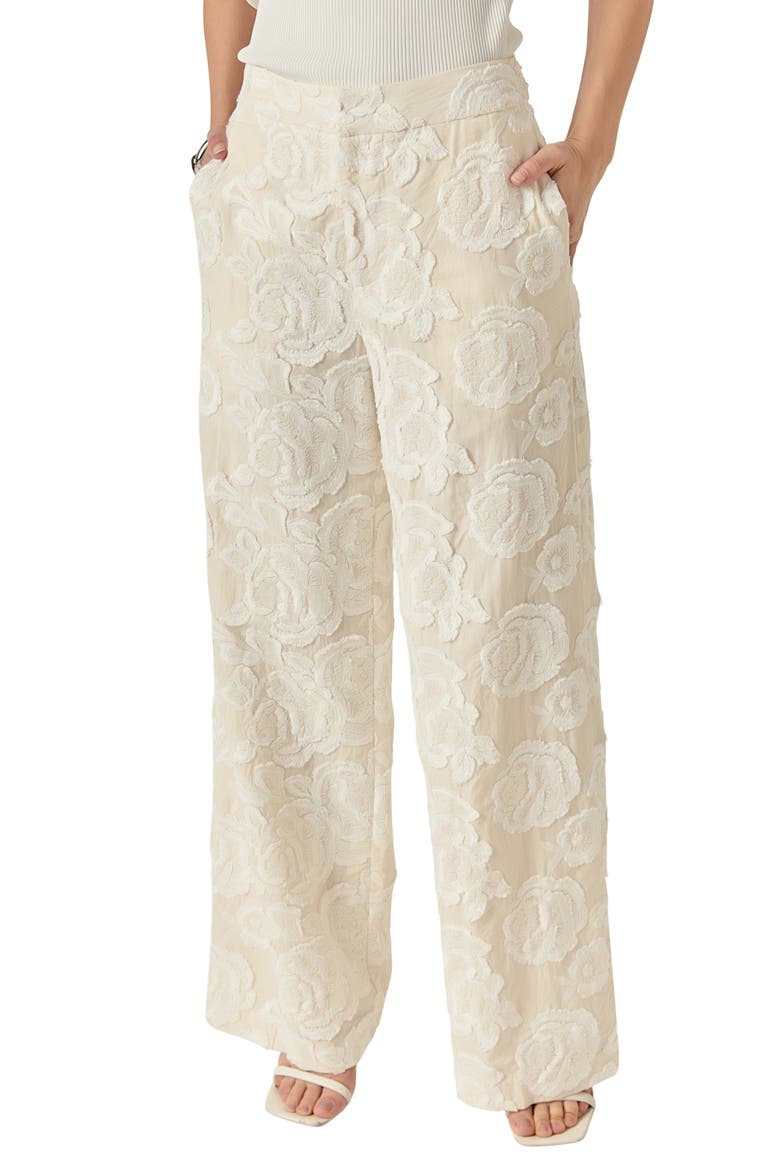 Floral Embroidered Wide Leg Cotton Pants, Alternate, color, CREAM