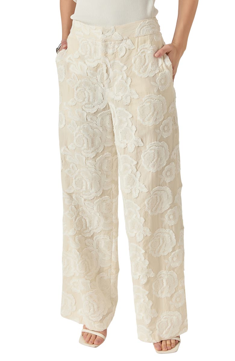 Endless Rose Floral Embroidered Wide Leg Cotton Pants, Alternate, color, Cream