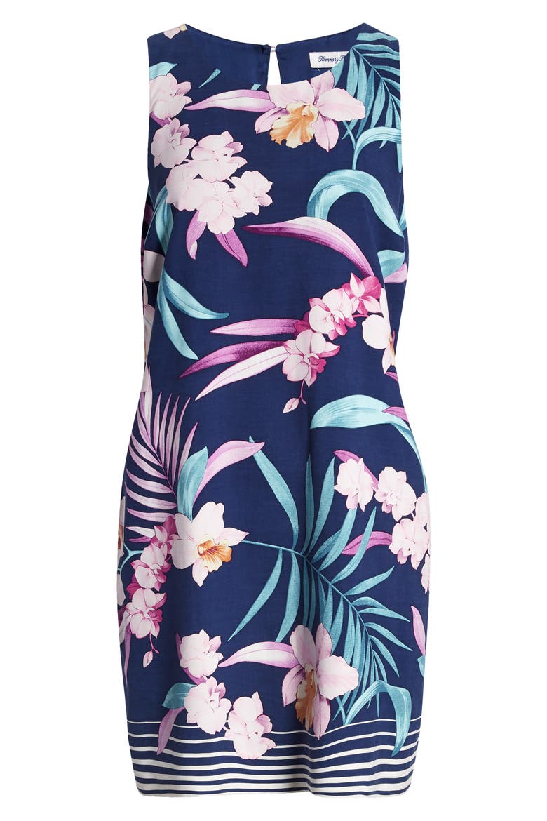Orchid Opulence Print Sleeveless Silk Shift Dress, Alternate, color, ISLAND NAVY