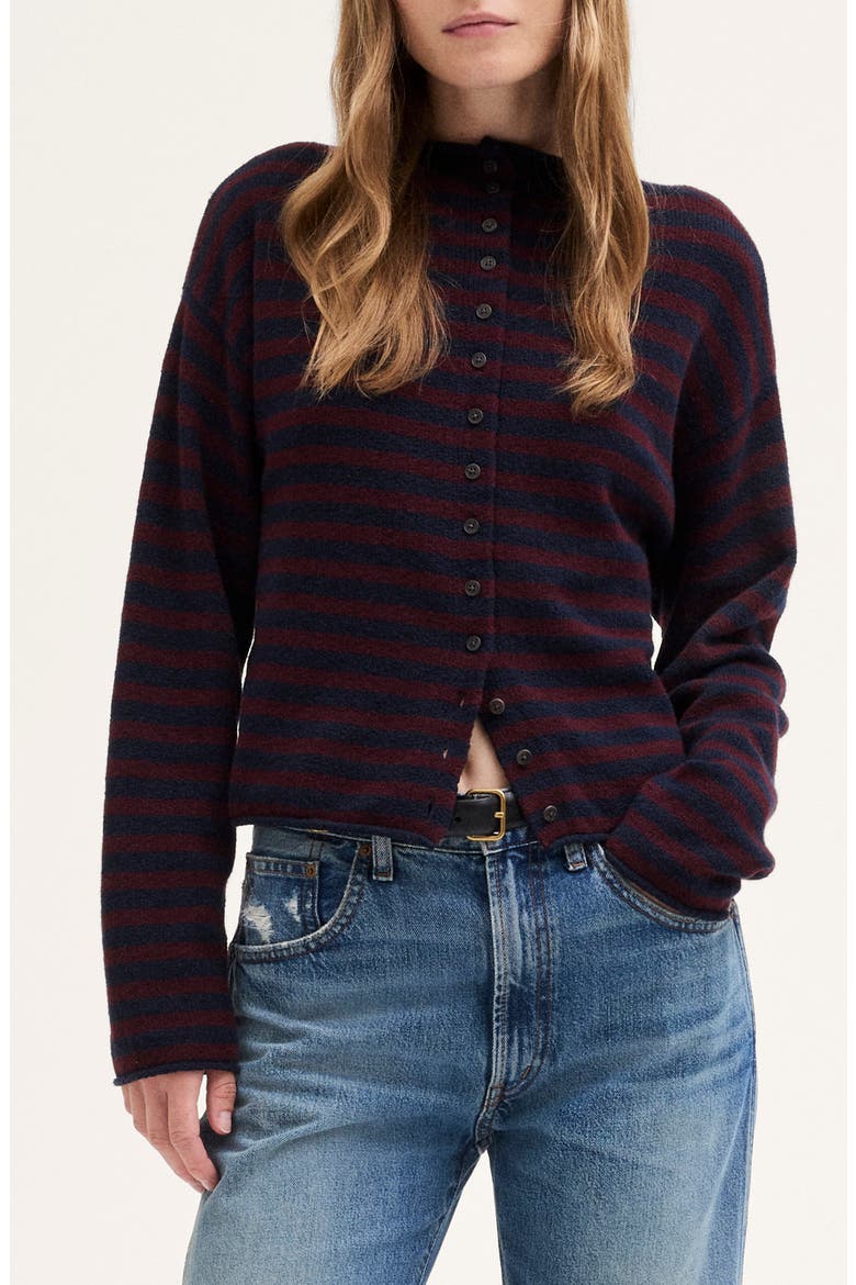 Funnel Neck Cardigan, Main, color, INDIGO AND CLARET STRIPE