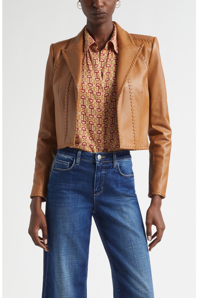 Dulcie Whipstitch Leather Jacket, Main, color, SOFT COGNAC