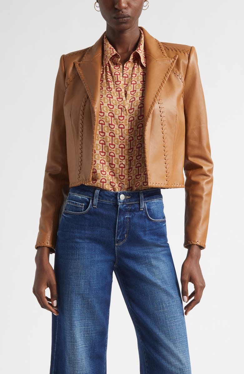 L'AGENCE Dulcie Whipstitch Leather Jacket, Main, color, Soft Cognac