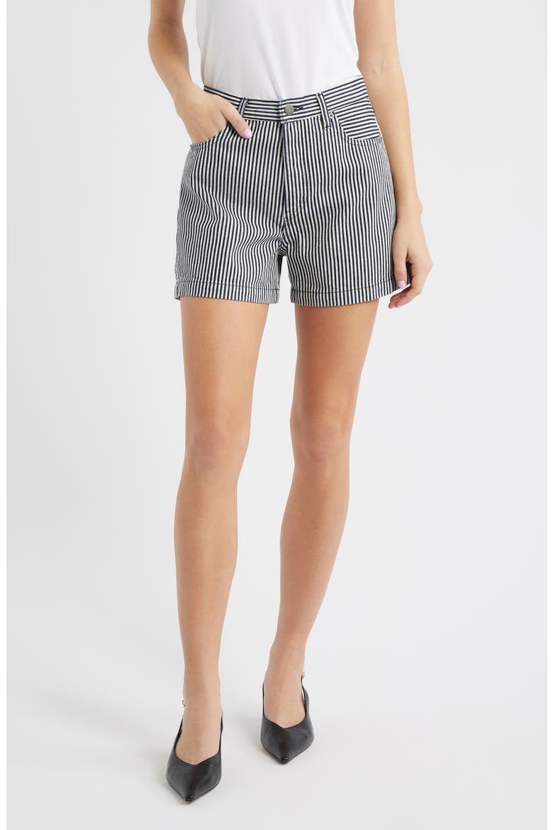 The Everyday High Waist Denim Shorts, Main, color, NAVY STRIPE