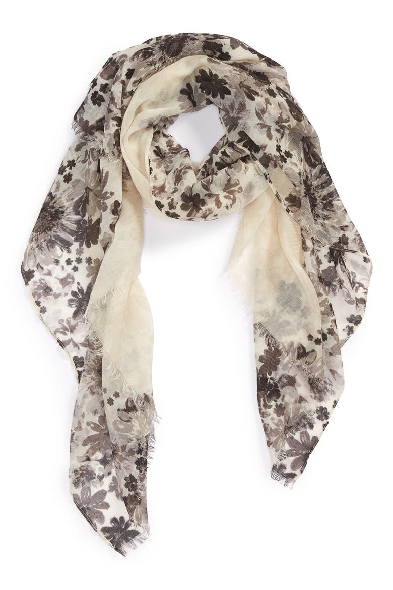 'Radiant Floral' Fringe Scarf, Main, color, BLACK COMBO