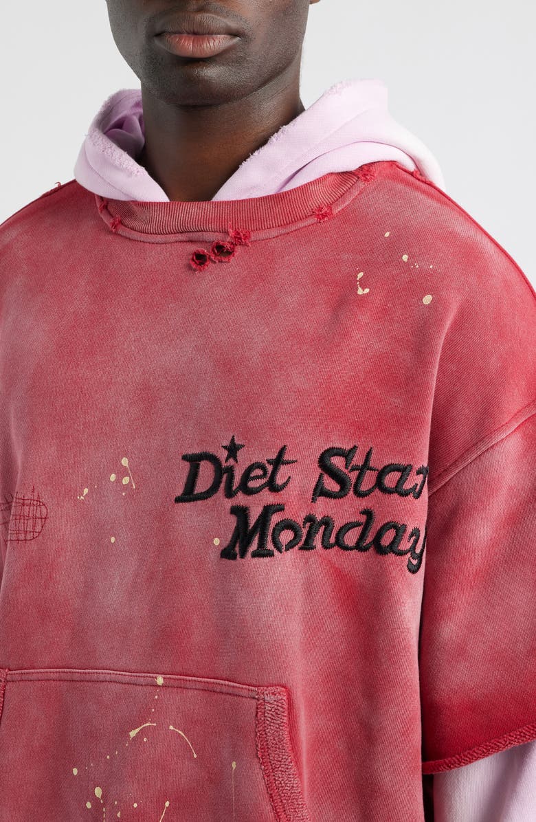 DIET STARTS MONDAY Double Layer Distressed Hoodie, Alternate, color, Washed Red/Pink