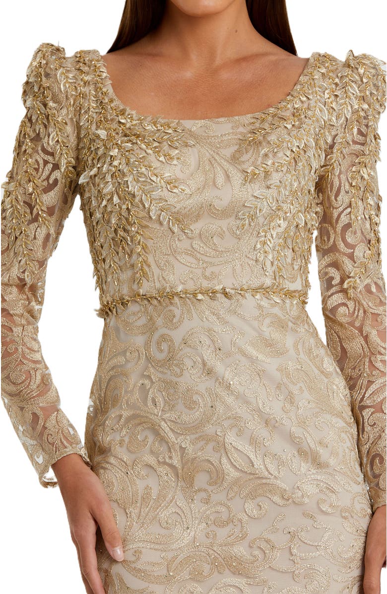 Mac Duggal Embroidered Applique Shoulder Detail Trumpet Gown, Alternate, color, Light Gold