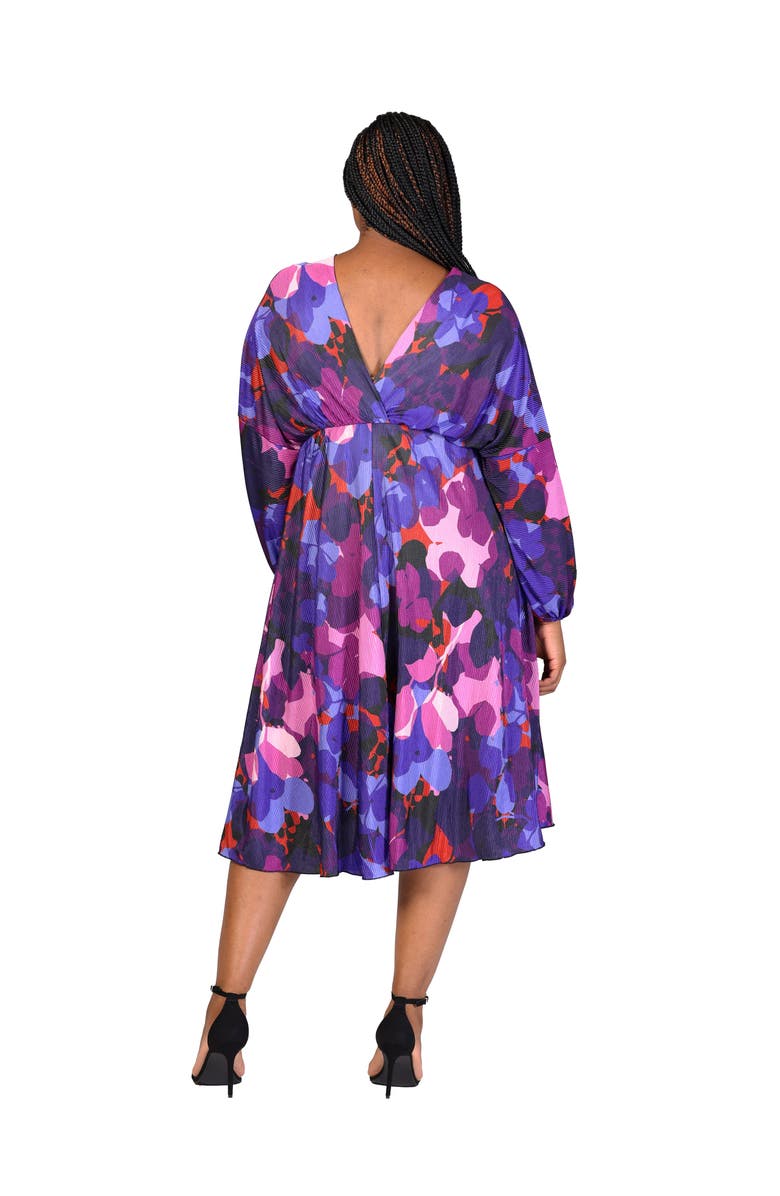 24seven Comfort Apparel Pleated V-Neck Empire Waist Bishop Sleeve Midi Dress, Alternate, color, Purple Multi