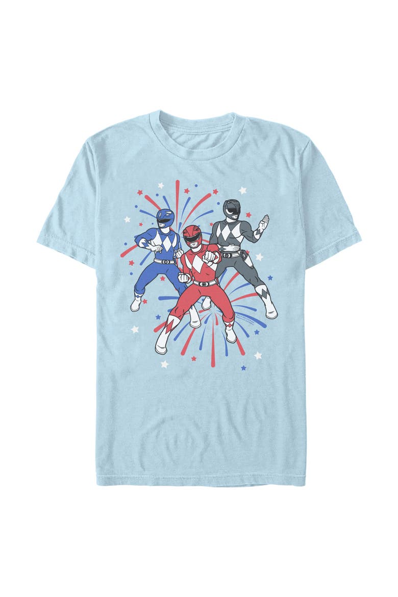 Mens Power Rangers Classic Fireworks Trio T Shirt, Main, color, Light Blue
