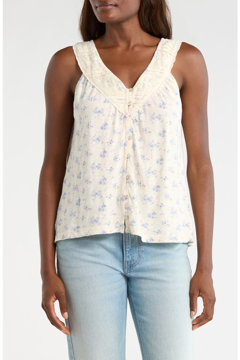 Lace Trim Sleeveless Cotton Blend Top, Main, color, CREAM FLORAL