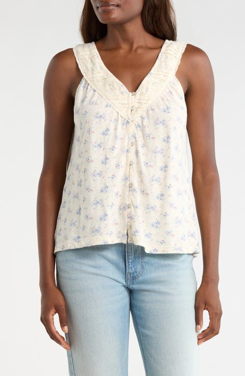 Lace Trim Sleeveless Cotton Blend Top