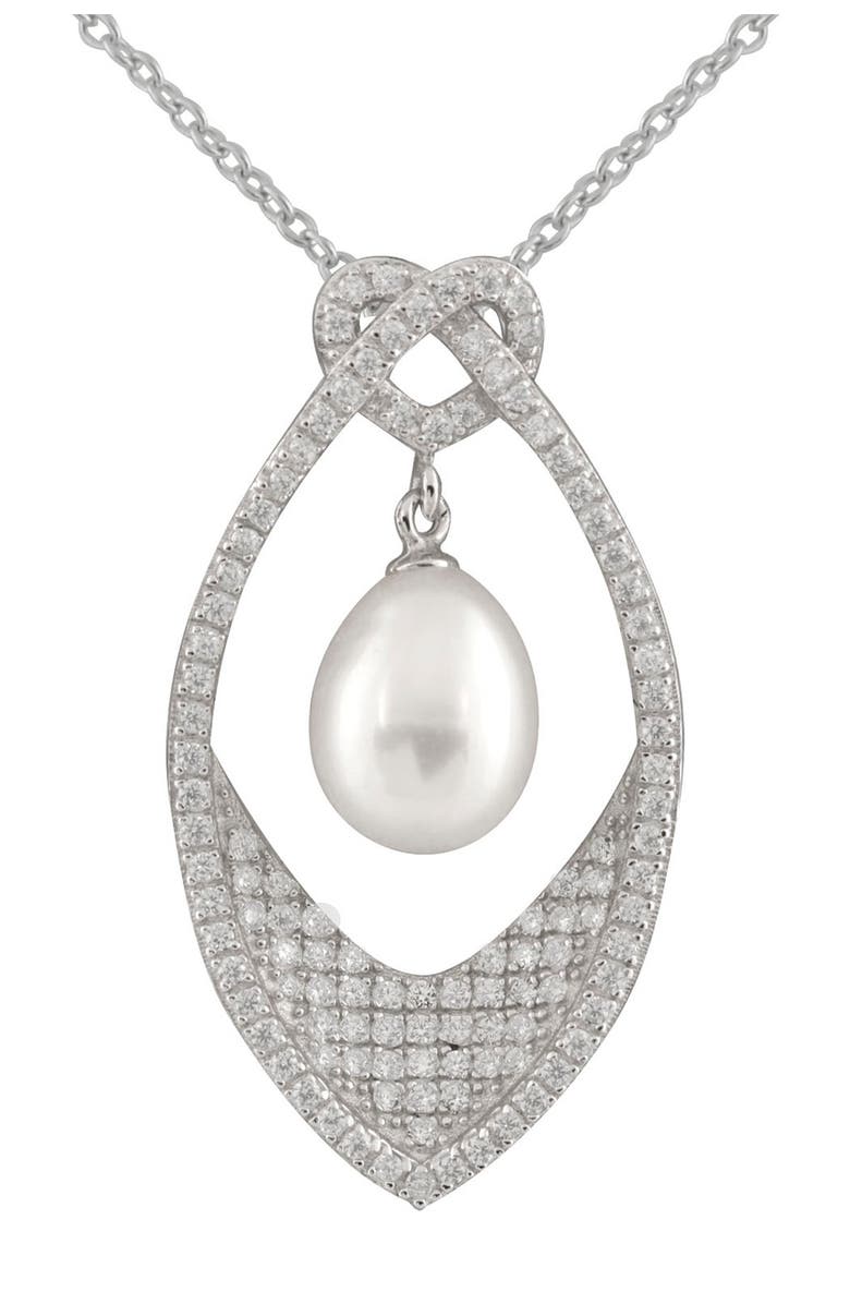 SPLENDID PEARLS Sterling Silver Cubic Zirconia & 8-9mm White Freshwater Pearl Pendant Necklace, Main, color, 