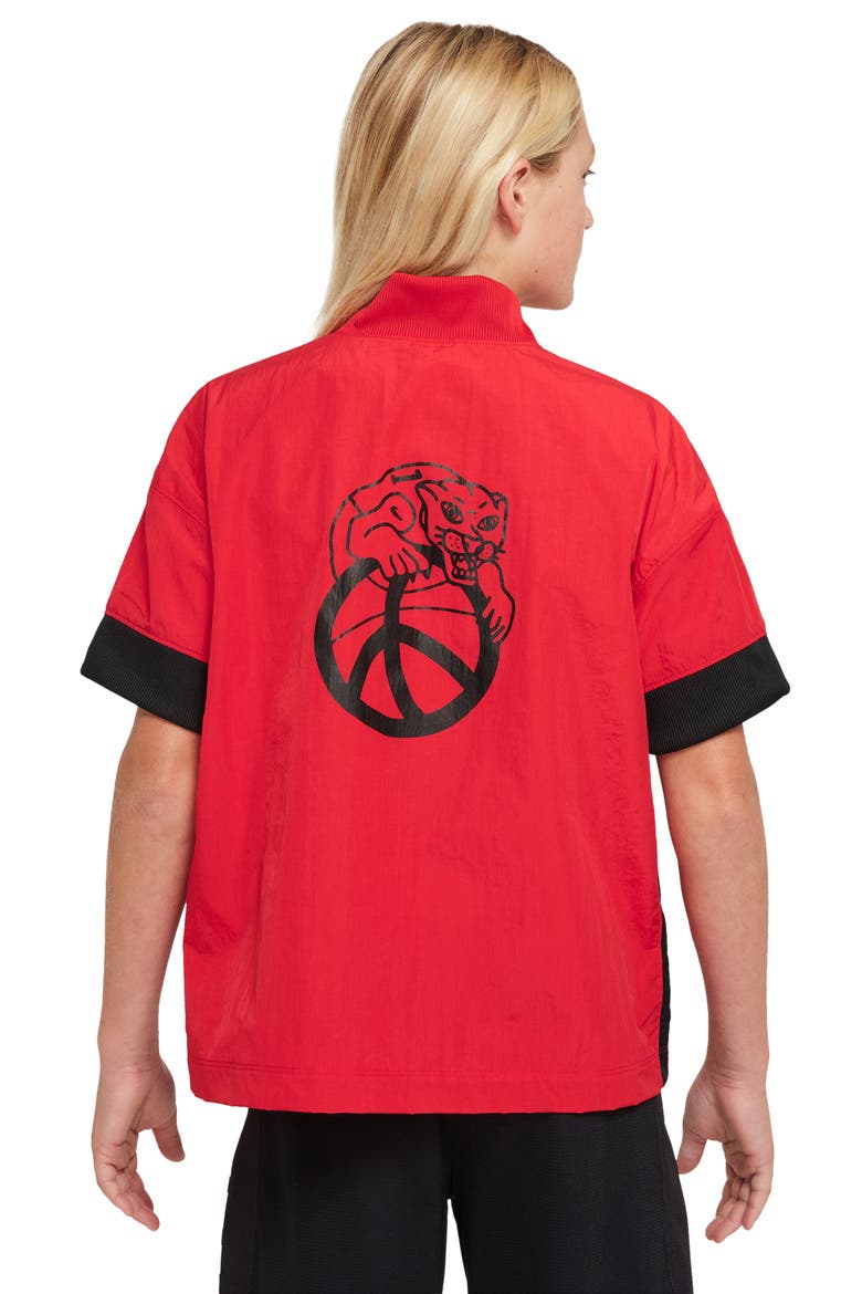 Kids' Culture of Basketball Snap-Up Short Sleeve Warmup Shirt, Alternate, color, UNIVERSITY RED/ BLACK/ BLACK